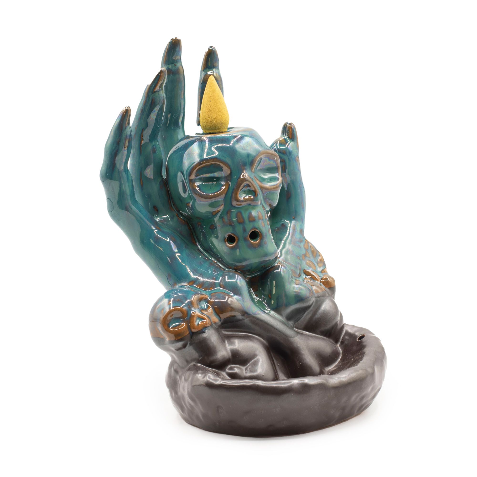 Backflow Incense Burner, Skull in Hand, product photograph