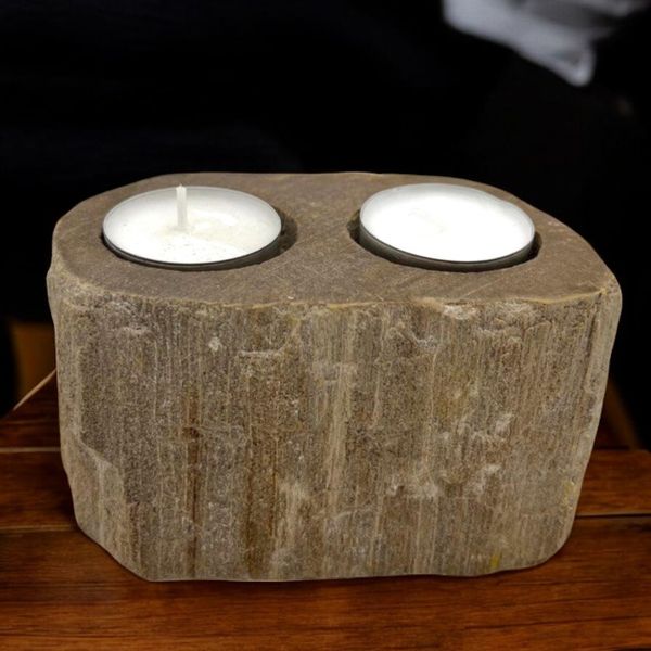 Petrified Wood Candle Holder, Double, product photograph